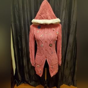 Pink Floral Knit Hooded Coat